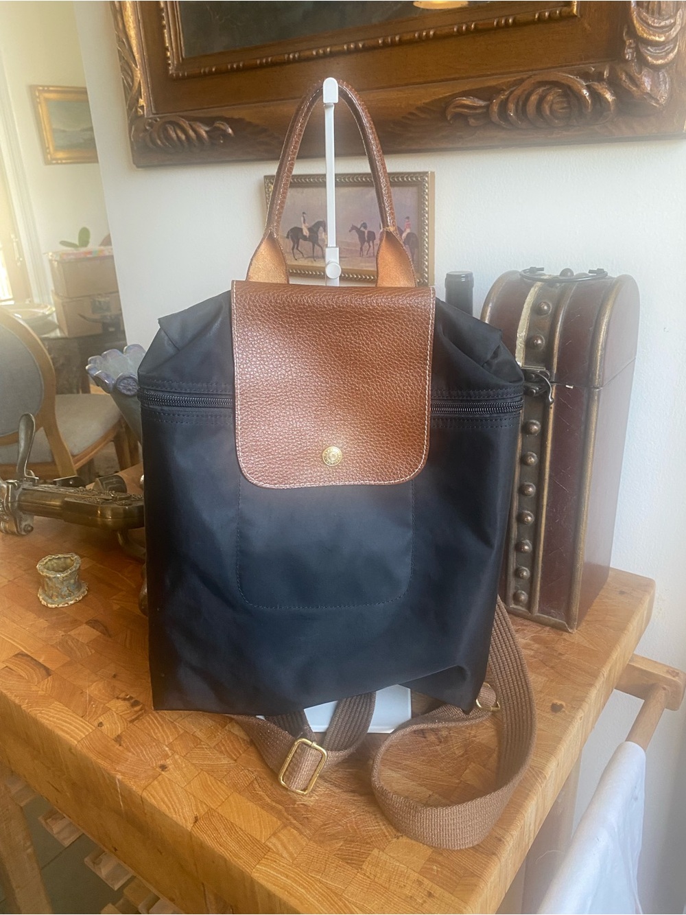 Longchamp Black Nylon and Leather Backpack with Brown Trim